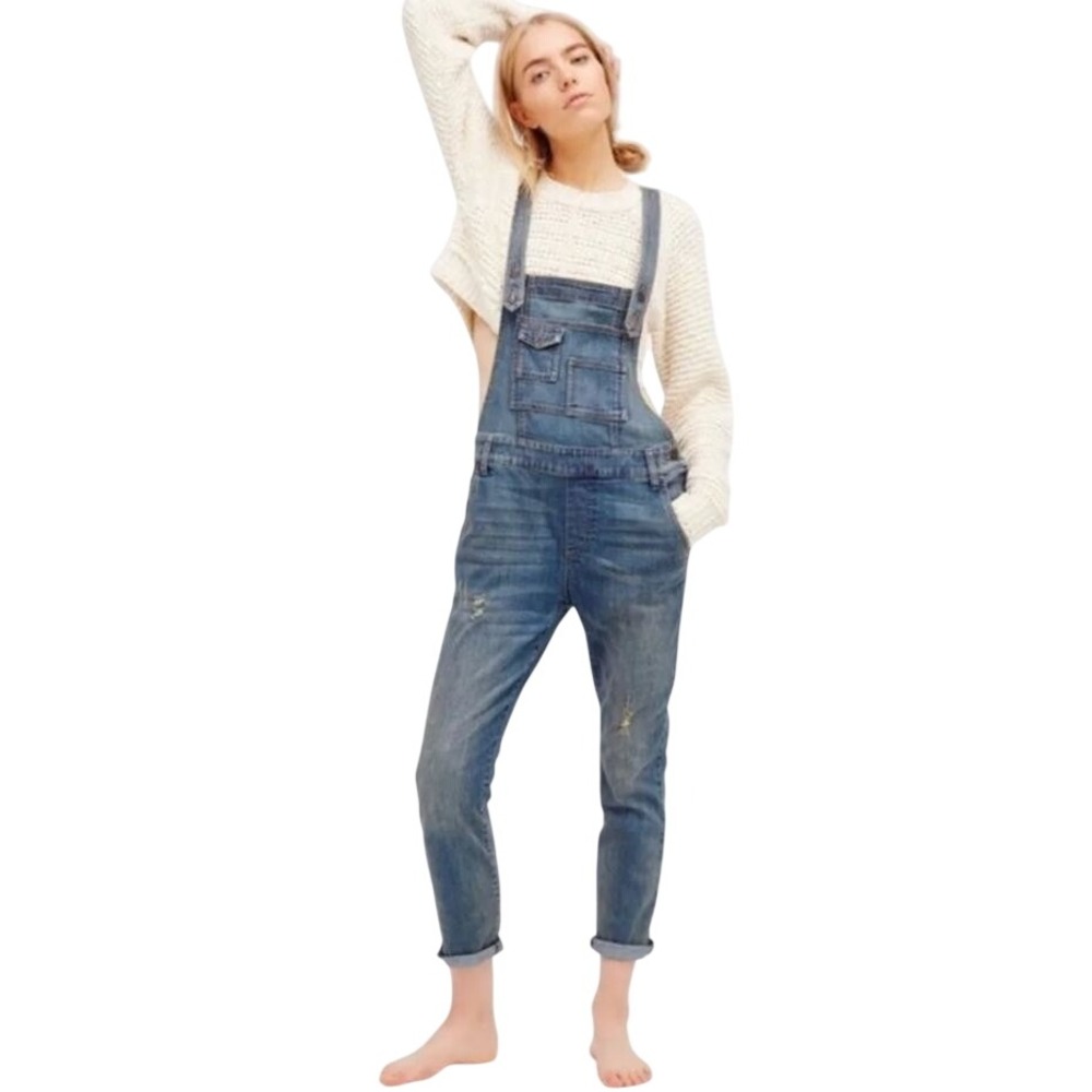 Free People Washed Denim Distressed Bib Overalls Medium Blue Women Size 28